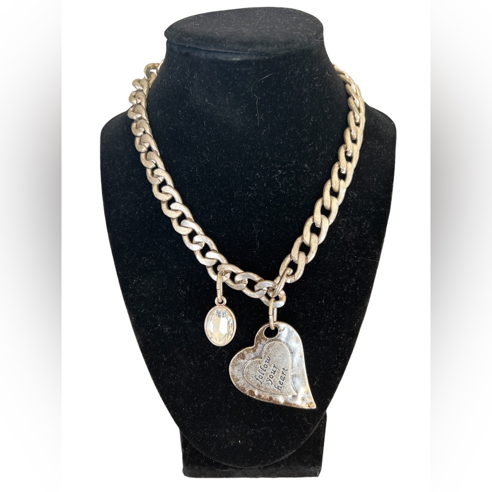SILVER TONE heart and crystal necklace “follow your heart”